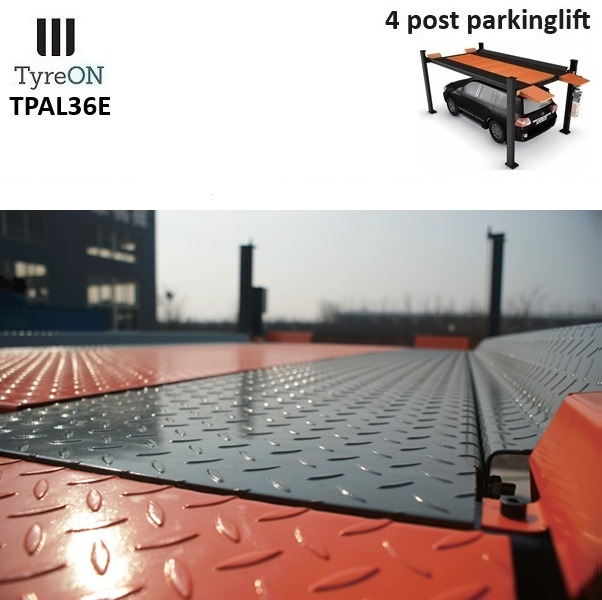 TPAL36E 4 post parking lift- 3.6T - Height 222 cm - 480 cm runways - Electric release - For indoor and outdoor use - 230V - Park 2 vehicles on top of each - Workshop equipment: picture 4 TPAL36E 4 post parking lift- 3.6T - Height 222 cm - 480 cm runways - Electric release - For indoor and outdoor use - 230V - Park 2 vehicles on top of each - Workshop equipment: picture 4