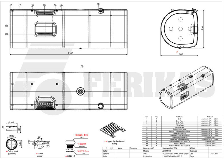 New Fuel tank for Truck Volvo New aluminum fuel tank 870L: picture 11